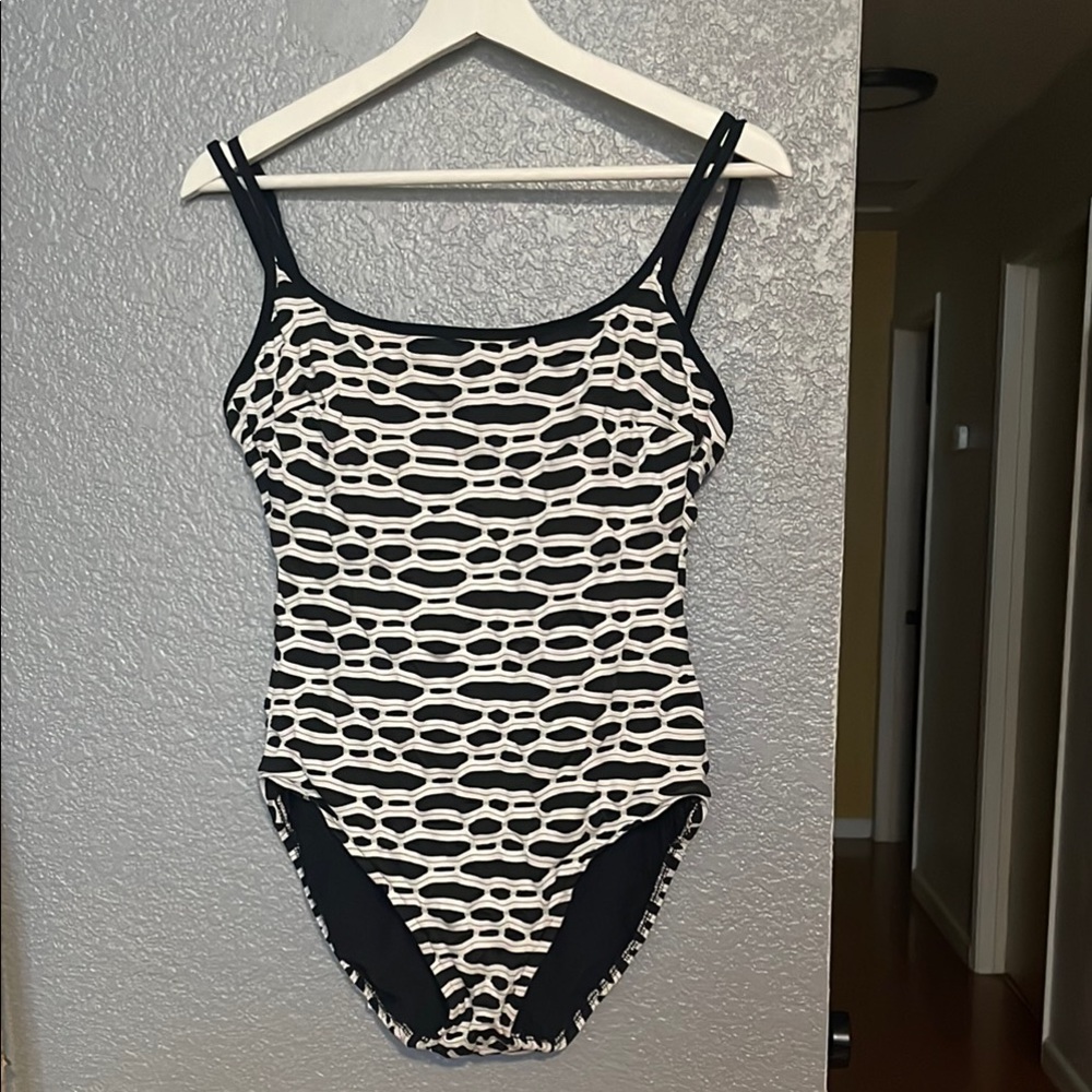 Vintage One Piece Swimsuit Longitude Black And White Geometric